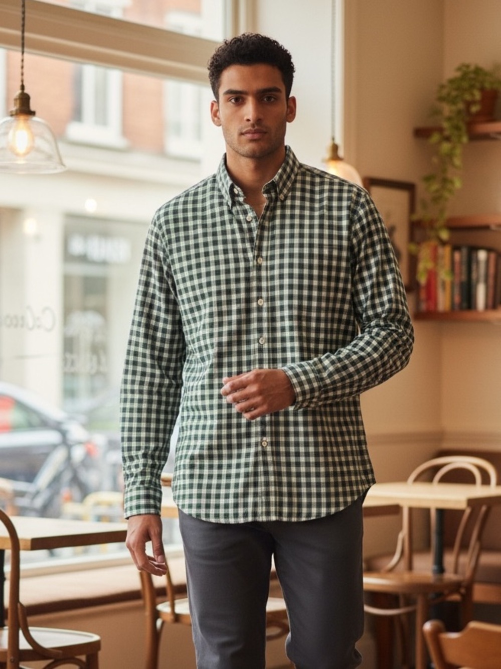 J. Crew Men's Green slim untucked Check Button-Down Shirt